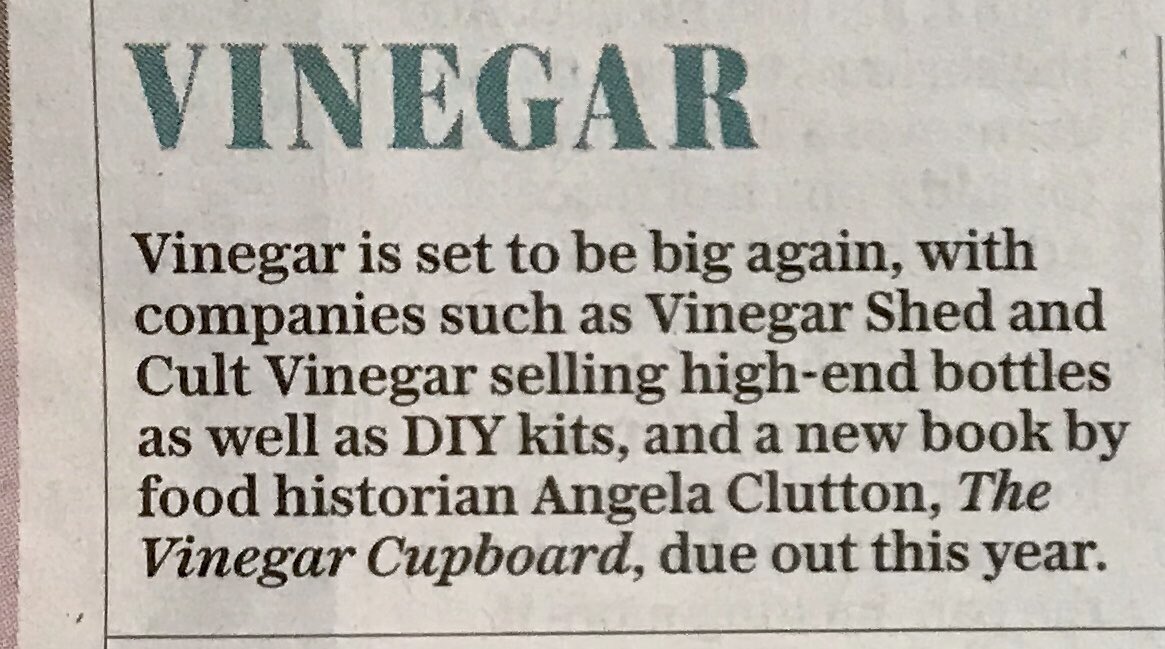 In today’s <a href="/TelegraphFood/">Telegraph Food</a> : <a href="/XantheClay/">Xanthe Clay</a> on fermented foods. Kombucha, kefir, sauerkraut and....VINEGAR!!!! With a recipe from me for pomegranate and bay shrub (and a nice reminder too that The Vinegar Cupboard is out in March <a href="/absolute_press/">Annamaria Finotto</a> <a href="/BloomsburyCooks/">Bloomsbury Cooks</a> ).