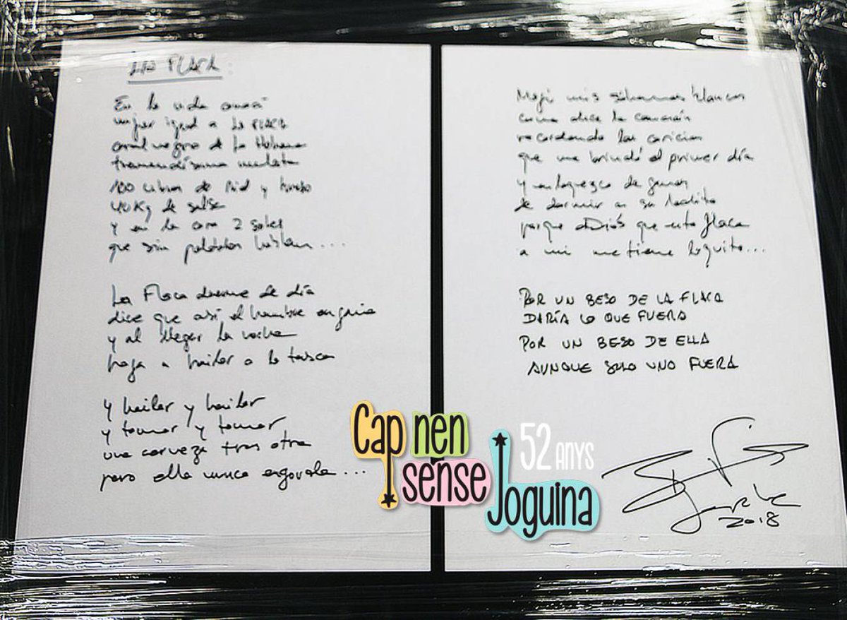 CapNenSJ's tweet photo. 🎁 #ObjectesCapNen52
🙌 Manuscrito de Pau Donés con la letra de la canción "La Flaca" de @jarabeoficial para nuestra subasta solidaria de esta noche.
😊 ¡Moltes gràcies, Pau! 😊
➡️ https://t.co/XzPx1rqiBN https://t.co/nQ80iQQ10O