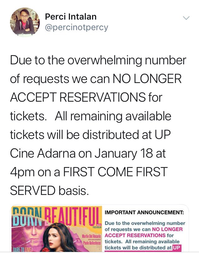 mart_drosario's tweet photo. Guys, i hope you dont bash @PiaKharla08 for handling the ticket reservation for the Born Beautiful premiere.  Pls see the advice below. Sobrang daming lang po talaga ang gustong manood. https://t.co/d4AF6RV3Tp
