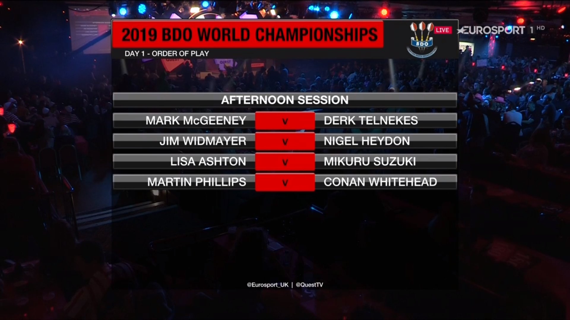 Eurosport on Twitter: ARE LIVE! Tune into Eurosport 1 now for Day of The Lakeside World Professional Darts Championships 🎯 Here's the line-up for afternoon session #LakesideDarts #BDOWorldDarts https://t.co/3WaaOAeows" /