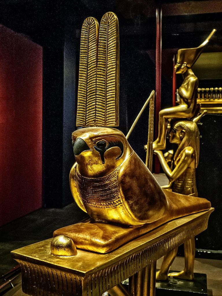 A gilded wooden image of the god Sopdu as a falcon on a standard. From the tomb of Tutankhamun, 18th dynasty. Egyptian Museum, Cairo.