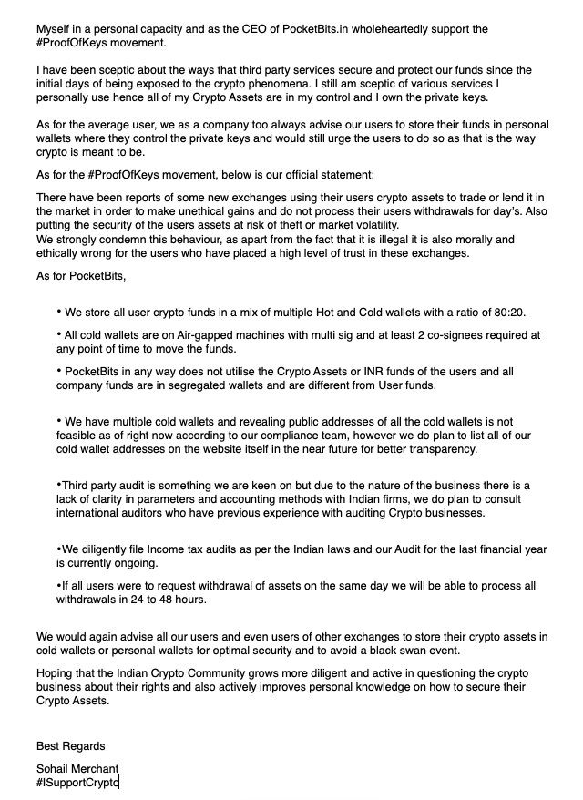inkparadox's tweet image. In regards to the #ProofOfKeys movement and in reply to @cryptokanoon&apos;s queries.
@PocketBitsIndia&apos;s Official Statement

#isupportcrypto