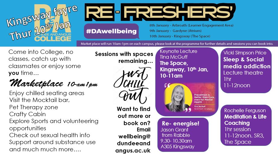 DA_wellbeing's tweet photo. Only a few days to go until our refresher fayres for the College staff & students. Why not kick start the new year by investing in yourself? π Check out the remaining session spaces below..email wellbeing@dundeeandangus.ac.uk to book on or for further information #DAG2G https://t.co/3FLyfgZmXc