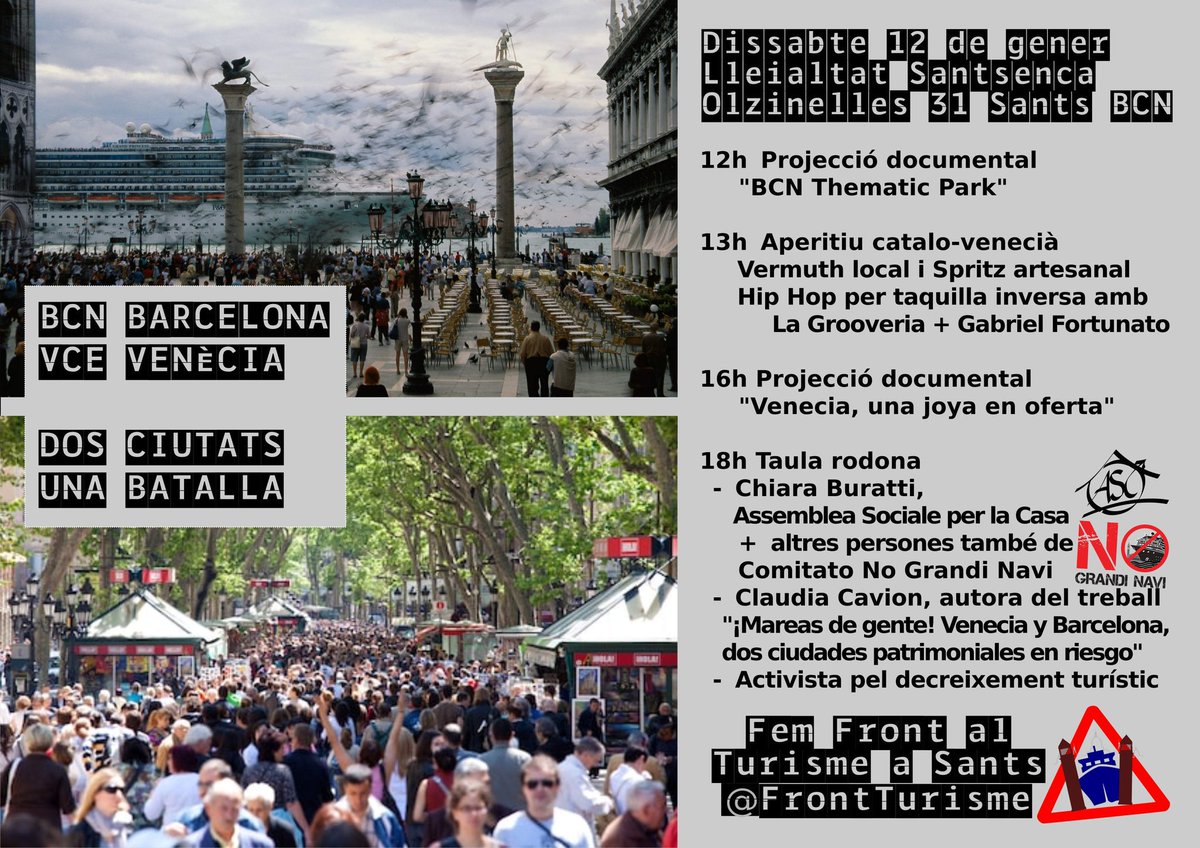 FrontTurisme's tweet image. El proper dissabte 12 de gener a la @Lleialtat Santsenca: "BCN-VCE, dos ciutats una batalla".
Compararem causes i efectes del turisme en ambdues ciutats. #Sants #Barcelona #Venecia #Venezia #Venesia #Turisme #Turismo #Torismo #Habitatge #Casa