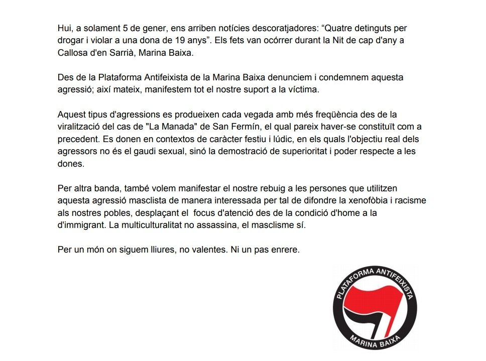 Antifa_MB's tweet photo. Sobre la violació múltiple ocorreguda a Callosa d'en Sarrià. 

#NiUnaMés #NiUnaMenys https://t.co/z2Udr3q8Mw