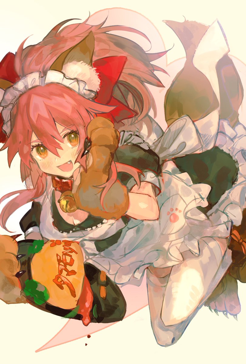 tamamo cat (fate) 1girl solo pink hair animal ears tail apron bell  illustration images