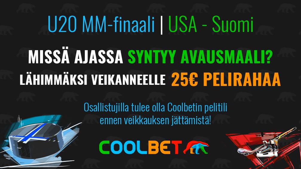 COOLBET-SKABA!

Veikkaa USA-Suomi-ottelun avausmaalin syntyaika ja voita 25 € pelirahaa.

Ehdot: RT + Seuraa.

MM-finaalin kertoimiin: coolbet.com/fi/vedonlyonti… #u20fi #NuoretLeijonat