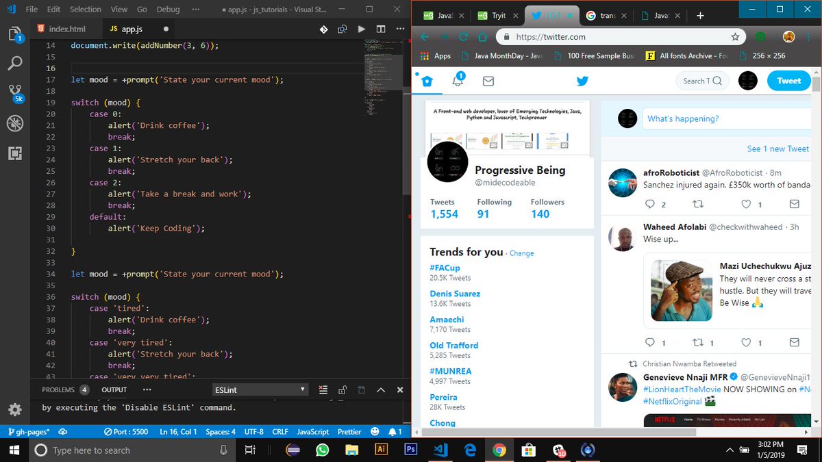 midecodeable's tweet image. Day 3 of #100DaysOfCode I learnt about switch statement in JavaScript and with this I'm able to use switch statement instead of If_Else statement that may take up plenty lines. I also discovered that both case 1: & case (1): do same work. 🔥#JavaScriptJanuary #webdeveloper #coder