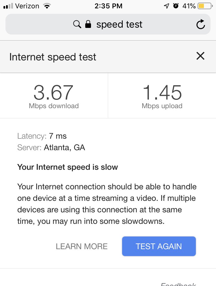 Great service from ⁦<a href="/ATT/">AT&T</a>⁩ - pay for 100 Mbps get less than 5! My fav part is when you call to request service for no internet and they suggest going to their website for help. Seriously. But they can get right over to fix - in four days!