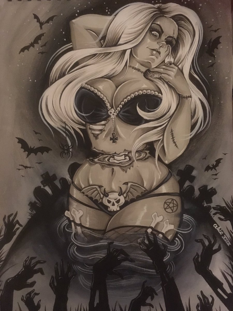 AliceMalice49's tweet photo. Finally finished this undead beauty! 

#maliceart #art #illustration #promarker #watercolor #zombie #zombiebabe #undead #macabre #bats #cemetery #gravestone #zombiehands #horror https://t.co/B6rWUj0FYO