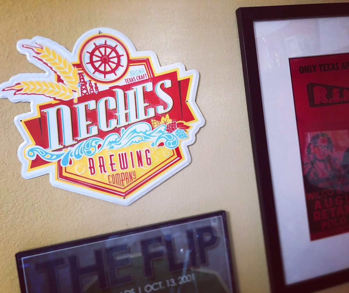 LanceLaRue's tweet image. My fav #logo I’ve ever designed is now in metal—Got my new @nechesbrewco tin tacker up on my office wall. Right btwn my Derek Jeter 2001 Flip poster + my R.E.M./Wilco concert poster. Thanks for brewing awesome, #Neches  #beersign #logodesign #brand #branddesign #rem #wilco #jeter