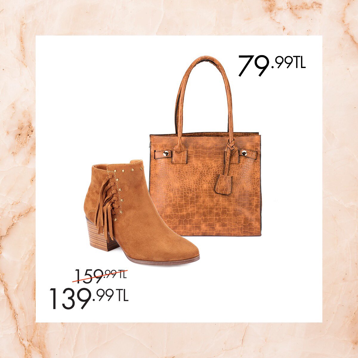 Midi boy elbiselerinizin tamamlayıcısı olacak ayakkabı ve çantalarla şık bir görünüm kazanın! Taba Kadın Bot 36-40 Numara 139,99 TL 🔎 100335526 http://bit.ly/2AxP5qk
Taba Kadın Omuz Çantası 79,99 TL 🔎 100337454 http://bit.ly/1ojnlee