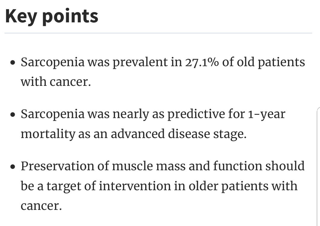 _sarahweller's tweet photo. Sarcopenia: A progressive degeneration of muscle mass &amp; common #cancer &amp; Tx side effect. This study finds older cancer pts with sarcopenia are more likely to die at 1-year https://t.co/2dtIL5mNmI  
RESISTANCE TRAINING &amp; nutrition  are key to preserve muscle mass &amp; function. https://t.co/OydgFBBBKe