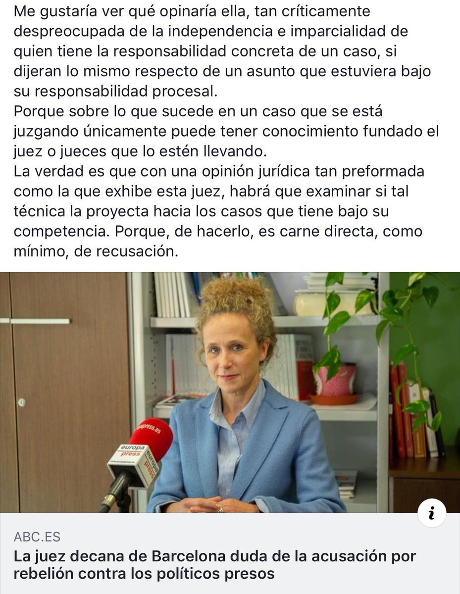 INDEPENDENCIA, IMPARCIALIDAD, RESPETO AL PROCEDIMIENTO.... DÓNDE QUEDAN, SEÑORÍA?
Con claro desprecio a la profesionalidad de sus colegas, una juez que tendría, como decana, dar ejemplo, manifiesta dudas directas sobre lo que el Tribunal Supremo está juzgando.