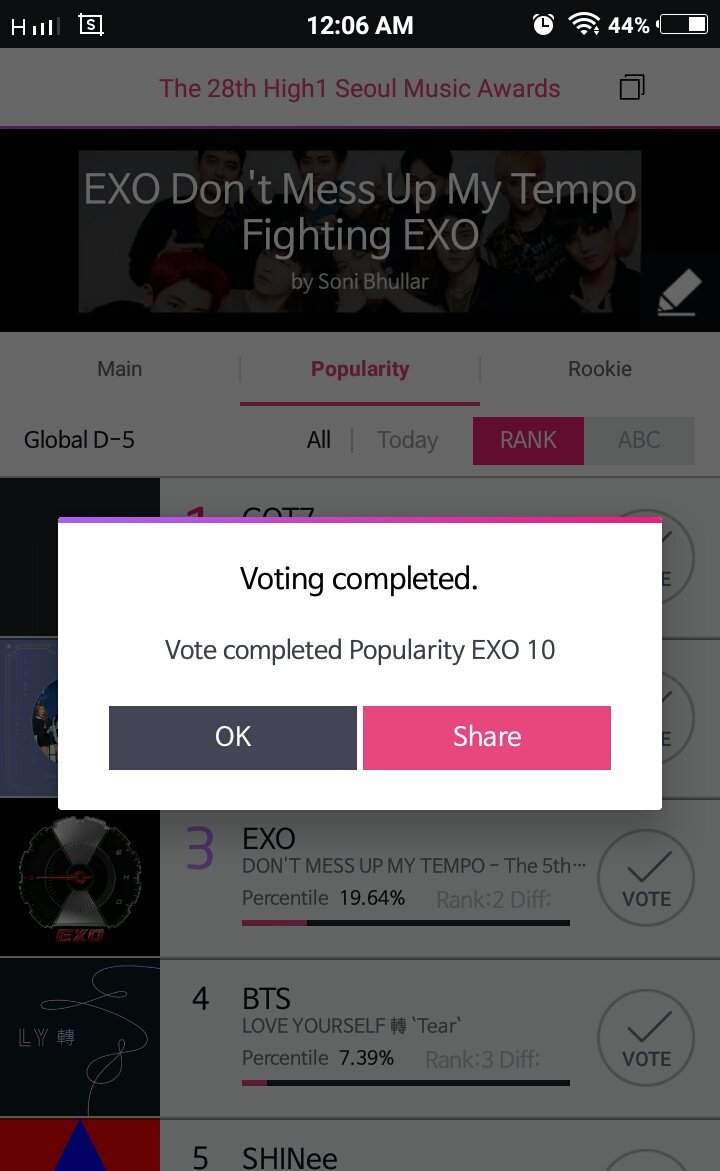 soni_bhullar92's tweet photo. Using Asean app, DONE voting for #EXO Today 6th January 2019 around 12.06am Sunday (Malaysia timing). Will continued on Monday 👍

Keep voting EXOL folks
Everyday Everytimes 
EXO Fandom's 😍
#LOVESHOT #EXOL_VOTESHOT

#인기상_못탈것도없지 https://t.co/HZBc7Q6qSx
