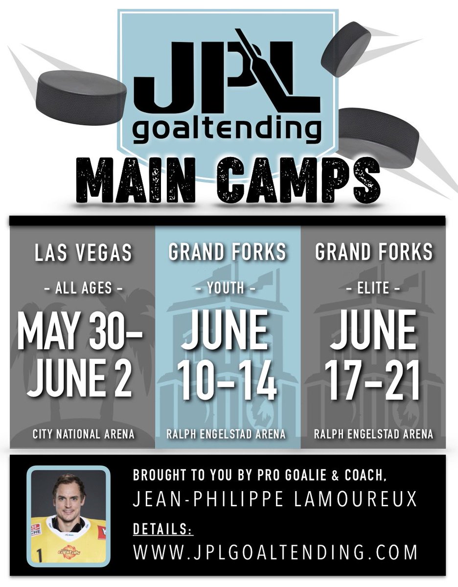 Here is a rundown of my Main Camp dates for the summer!
LAS VEGAS: MAY 30- JUNE 2
GRAND FORKS YOUTH: JUNE 10-14
GRAND FORKS ELITE: JUNE 17-21
#jplgoaltending #focused #campseason