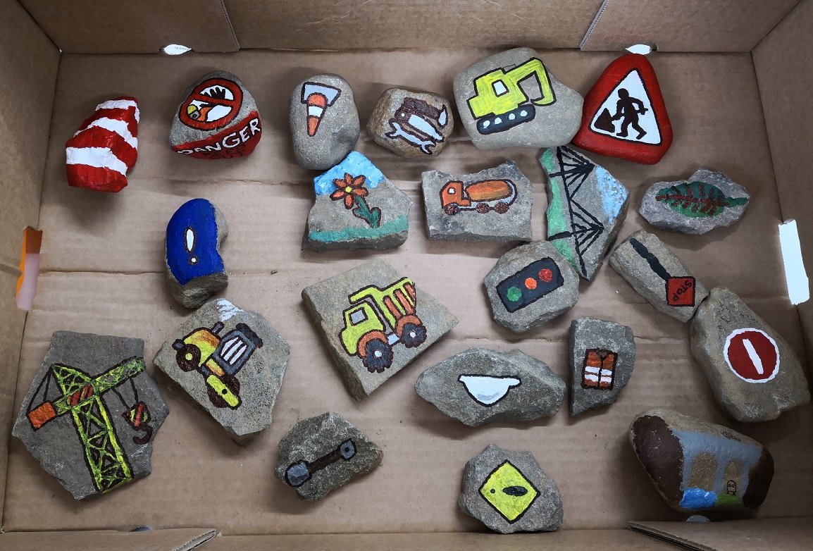 RCTCouncil's tweet photo. The contractor for the Cross Valley Link scheme, Walters-Sisk, has hidden construction-themed rocks in #MountainAsh! If you find one, post a picture on the RCT Rocks Facebook page and tag ‘Rhondda Cynon Taf Council’! Then re-hide the rock for someone else to find! #RCTRocks https://t.co/jvfAs3ESpi