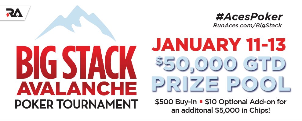 RunAcesPoker's tweet photo. RT by Jan 8 for a chance to win a $500 Big Stack Avalanche Main Event Seat! 18+ only no purchase req. #AcesPoker https://t.co/ZilesC6XVq https://t.co/GIcHC5GGgz