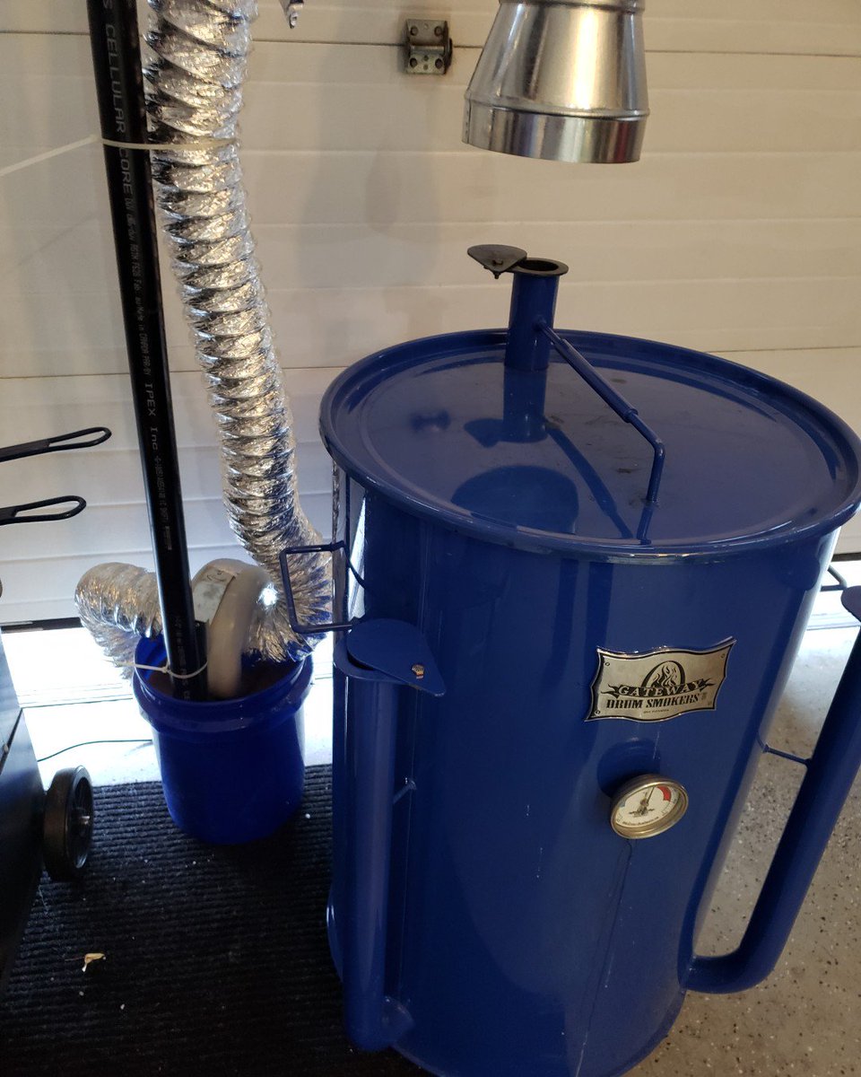FrozenToqueBBQ's tweet photo. In an effort to keep the elements off myself (Primary Objective) and the drum, I build a #RedneckFumeExtractor for one of our @GatewayDrumSmoker. #CanadianBBQ #AlbertaBBQ #FrozenToque #RedneckProject #IBuiltThat #WinterBBQ #GreatWhiteNorth #CanadianProblems https://t.co/78JQBeGrLr