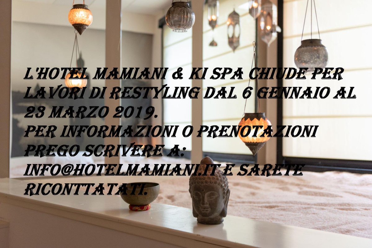 HotelMamianiUrb's tweet photo. L’Hotel Mamiani &amp; ki spa chiude per lavori di restyling dal 6 gennaio al 23 Marzo 2019
Per informazioni e prenotazioni  prego scrivere a: info@hotelmamiani.it e sarete ricontattati.
A presto, con tante sorprese e tante novità !!!
 
#hotelmamiani #kispa #urbino #hotelmamianiurbino https://t.co/ECm7oESMGJ