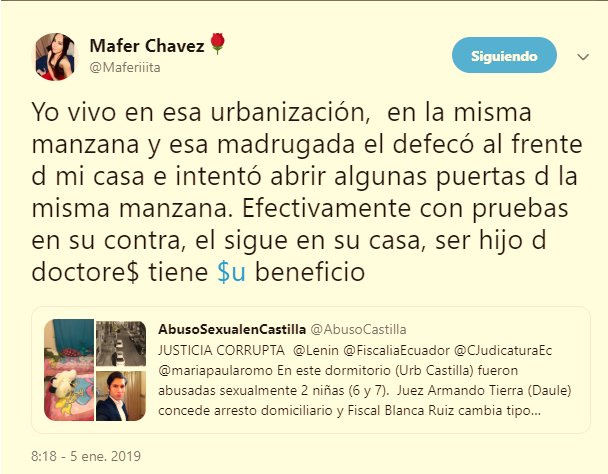AbusoCastilla's tweet photo. Gracias @Maferiiita TODA CASTILLA LO SABE.  8 casas que quiso forzar. Pruebas las tiene @FiscaliaEcuador Ab. Blanca Ruiz (Daule). Ademas  Camara de Gessell, Informe Psicologico daño causado. Lo tienen todo. Pero Juez y Fiscal están del lado del agresor. @juanvizuetaronq @Lenin https://t.co/AY29F6kmEx