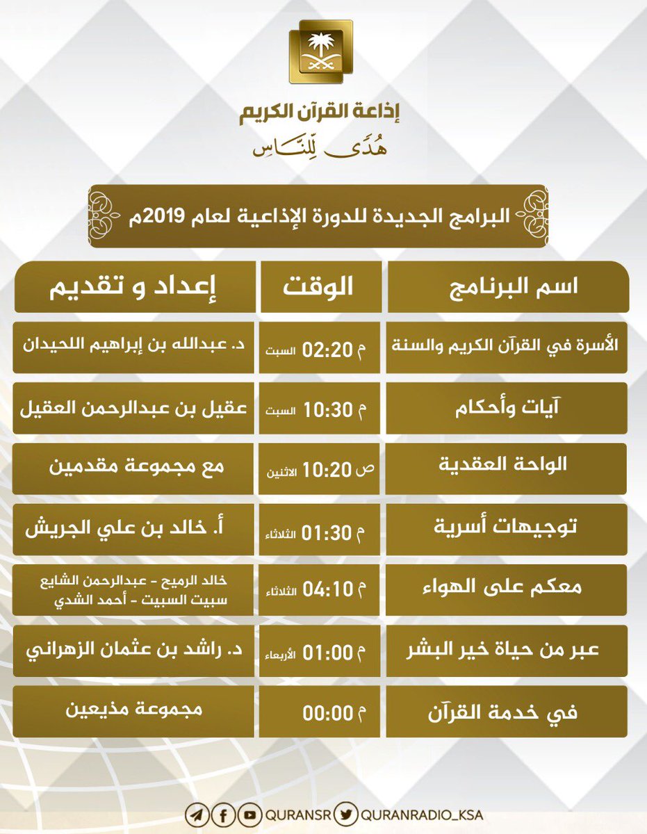 QuranRadio_ksa's tweet photo. #إذاعة_القرآن_الكريم تطلق دورتها البرامجية الجديدة ، والتي تضم باقة منوعة من البرامج المسجلة والمباشرة ، متمنين لكم قضاء وقتًا ممتعًا ومفيداً مع أثير إذاعتكم

البــث المــباشــر 👇🏻 

https://t.co/D3By7GlI2C

#اذاعة_القران_هدى_للناس https://t.co/IBrE7pRrdf