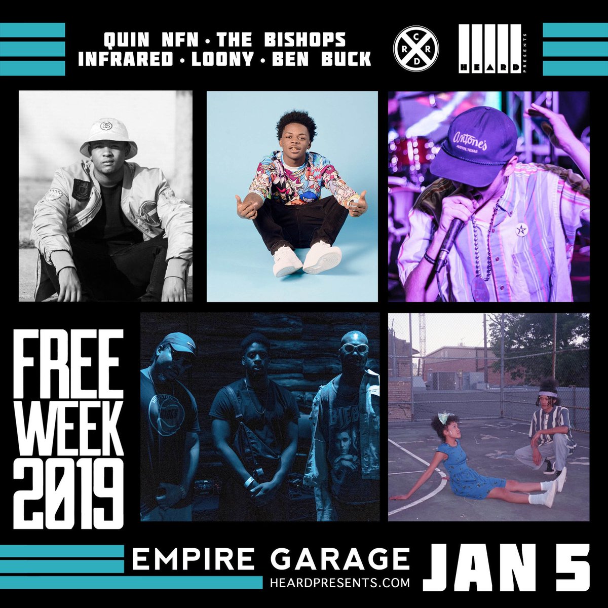 HeardPresents's tweet photo. FREE WEEK 2019 🤘 TONIGHT! #HeardPresents & #RedRiverCulturalDistrict Present: @TheBishopsATX, @InfraredATX, #Loony & #BenBuck in the @EmpireATX Control Room on 1/5!
🚪: 8pm
☞ https://t.co/0T23lvtI2e https://t.co/OwnEXuas6U