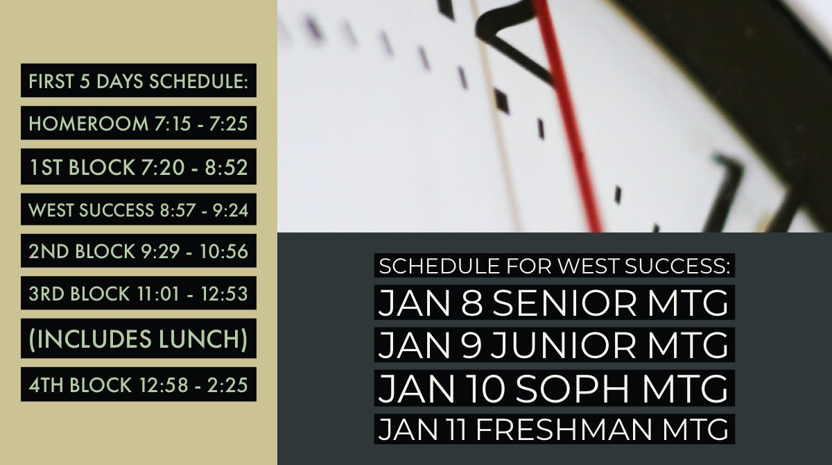 Hey, Wildcats. Here’s the schedule for first 5 days as we begin the new semester! Looking forward to seeing you back at school Monday. Updated schedules will be distributed in homeroom and counselors will be on hand in cafe all week 🐾 ⏰