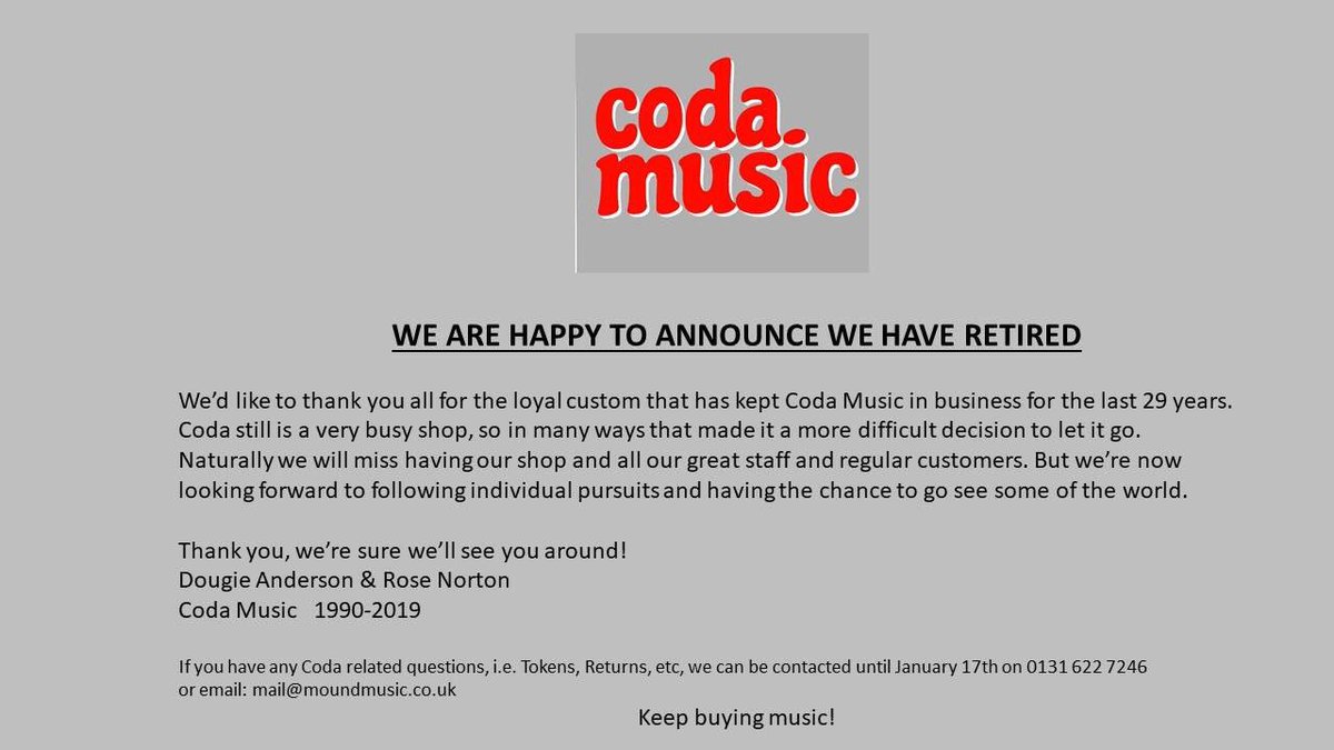bazzamarama's tweet image. Sad news from Coda Music. One of the few, truly great record shops in the country. #codamusic #edinburgh
