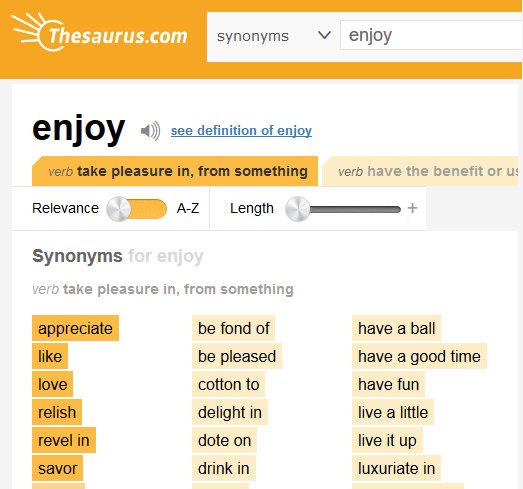 Enjoying synonyms that belongs to phrases