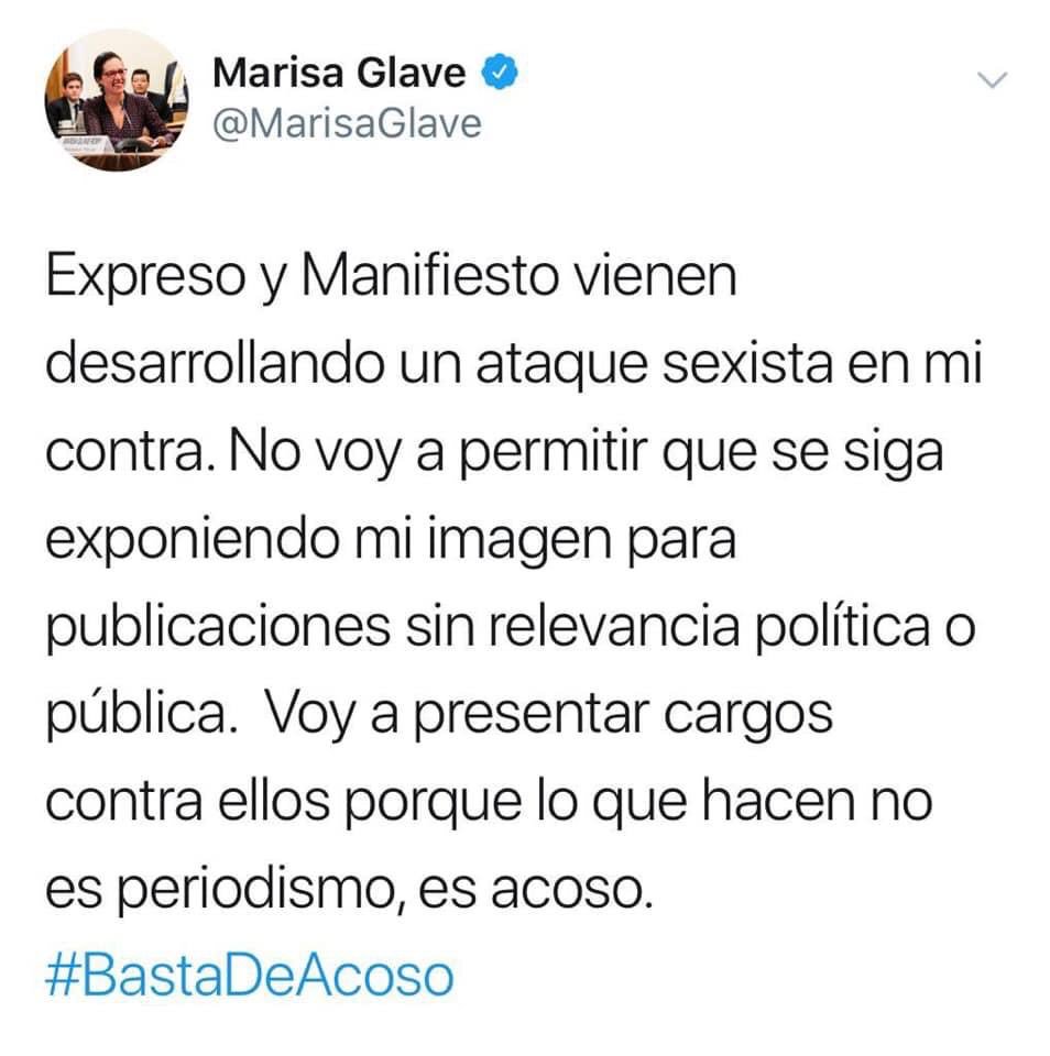 NiUnaMenosPeru's tweet photo. Rechazamos el acoso que viene sufriendo la congresista @MarisaGlave Esperamos que esos medios se retracten y dejen esas prácticas sexistas. #BastaDeAcoso https://t.co/FvGUYyqObT