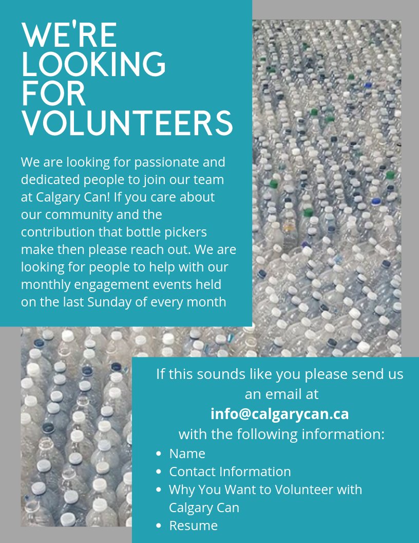 WE'RE LOOKING FOR VOLUNTEERS! Are you interested in working with us during our monthly pop-ups at Uptown Bottle Depot? If so, send us an email at info@calgary.can! #yyc #Volunteering #informalrecyclers #BottlePickers