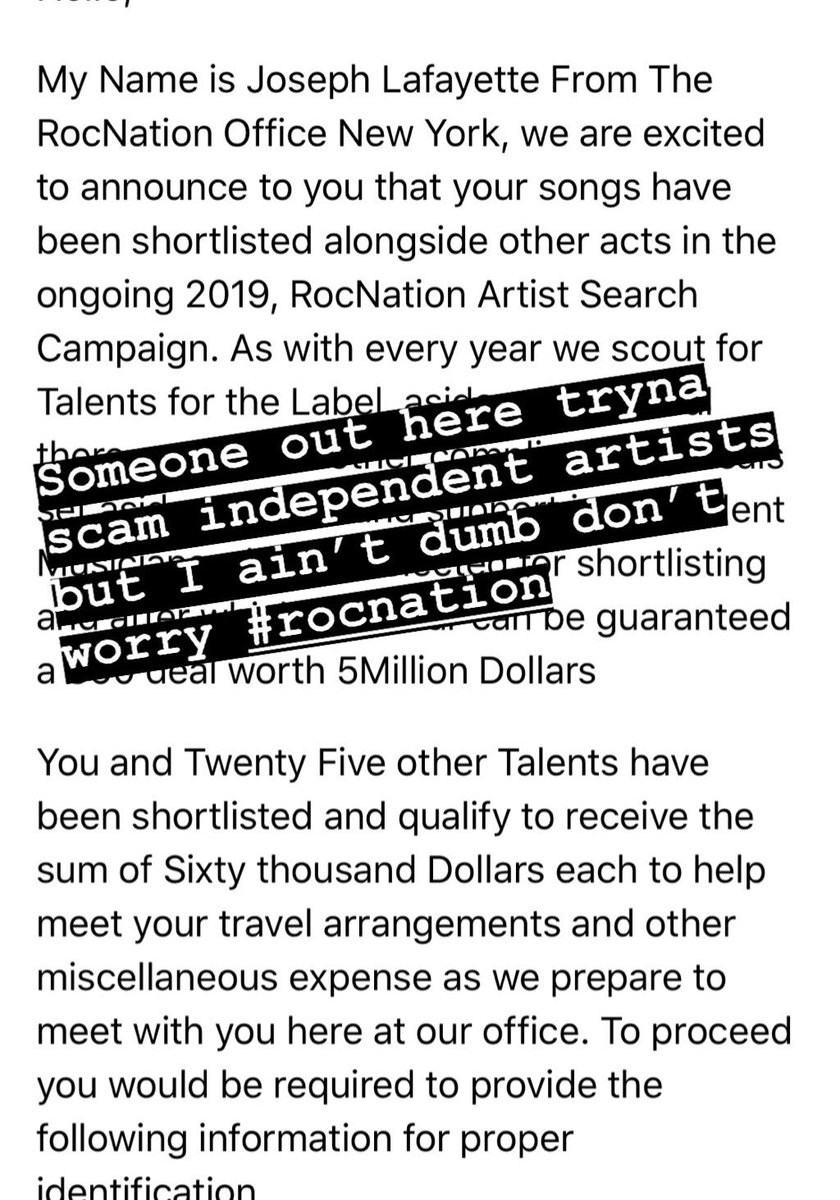 Y’all someone out here tryna scam folks, but I wasn’t born yesterdayyyy <a href="/RocNation/">Roc Nation</a>