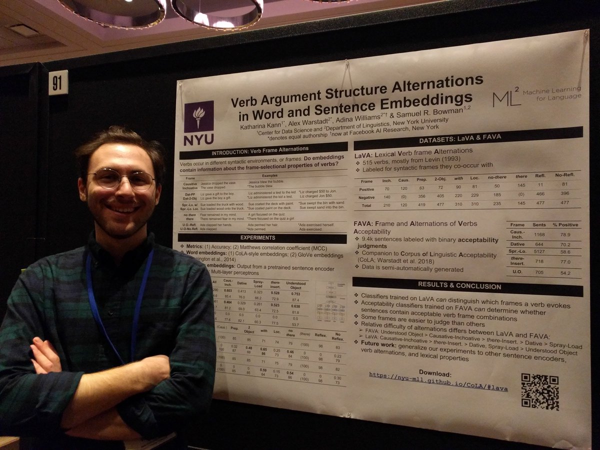 adinamwilliams's tweet photo. Really enjoyed presenting (w/ @kelina1124 A. Warstadt @sleepinyourhat ) #scil2019 #lsa2019
Tldr; how much about fine-grained #ArgumentStructure do sentence & word embedding models capture? Some, perhaps related to sentence alternant arity. We contribute LaVA&FAVA datasets too. https://t.co/jDEsarnOp9