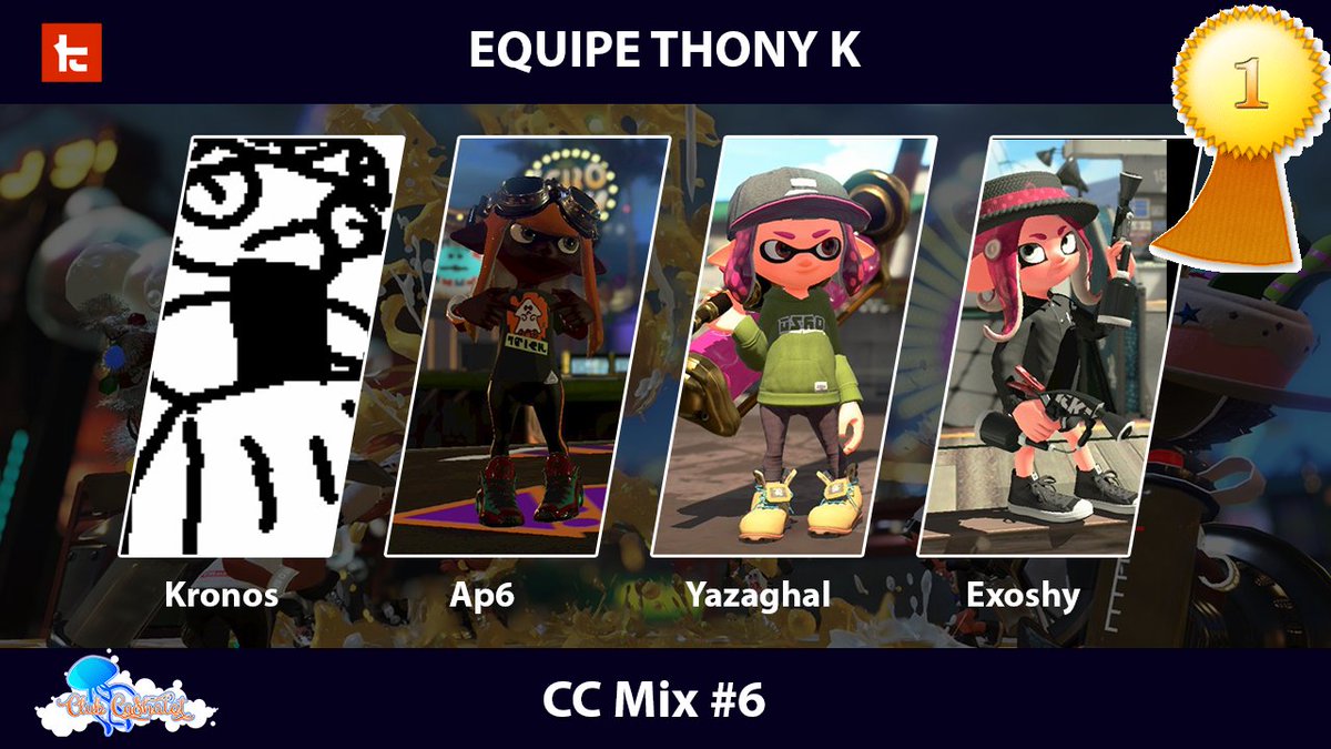 ClubCashalot's tweet photo. Félicitations à Thony K (@Off_Kronos @Mr_Ap6 @Yazadhal @Edju_0505 ) qui remportent la #CCMix6 🏆

Krakers arrive 2ème 🥈 et Gédéon 3ème 🥉 

Bravo à tous ! On se retrouve demain à 16 h pour la Grande Finale #CrazyWeek6 ▶ https://t.co/GdbX4qLjyx

#Splatoon2 https://t.co/WBooyOSPOt