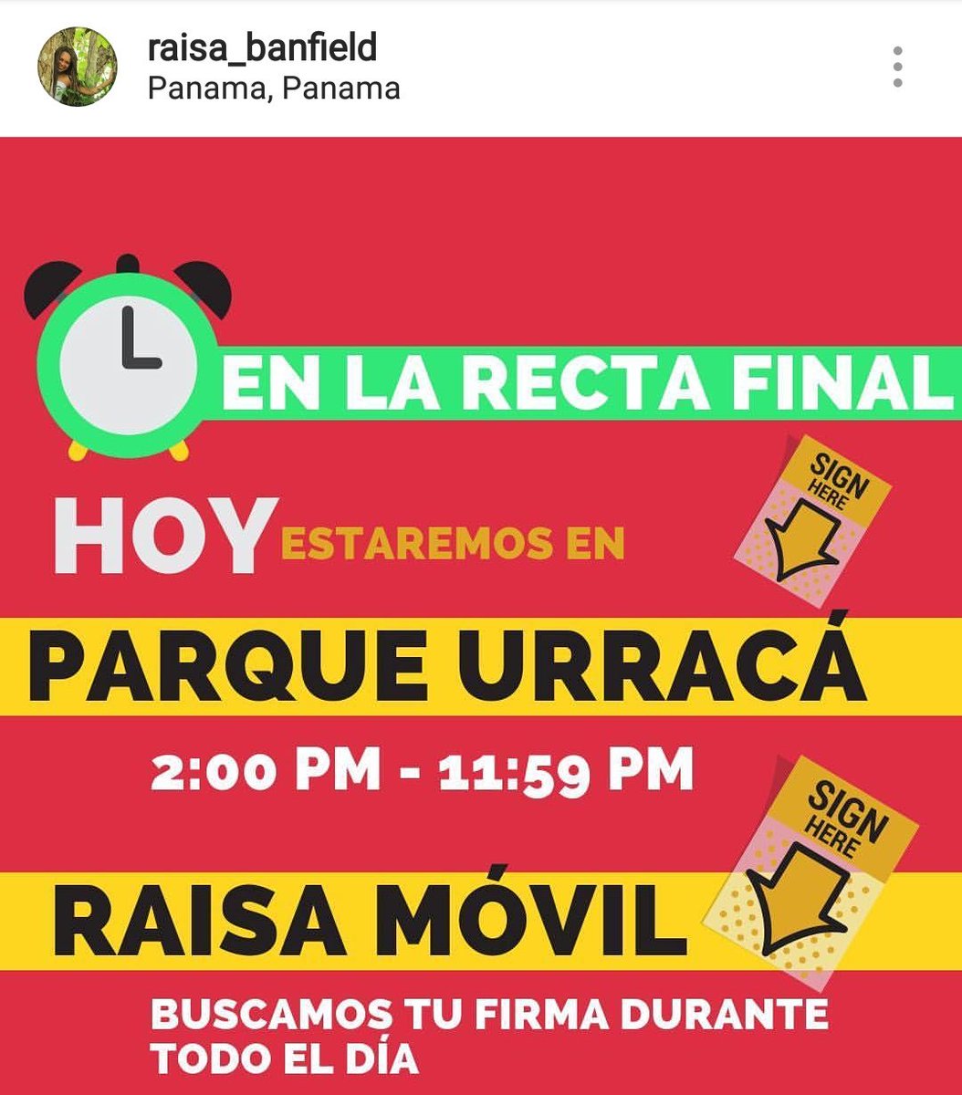 Toda la tarde y noche estará  <a href="/RaisaAlcaldesa/">Raisa Alcaldesa 2019</a> y su equipo de voluntarios con los libros de firmas en el Parque Urracá.  Vayan pleaaaseee #raisaalcaldesa2019