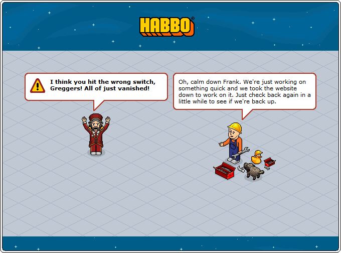 Habbo_Mall's tweet photo. Hey guys. We're currently moving ALL of our content over to a new webserver. During this transition, it may take a few days. In the mean while, enjoy a blast to the past with our maintenance page. https://t.co/xk3PDNxURc