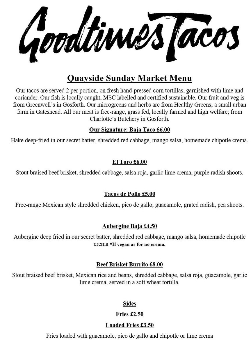 Hi. Tomorrow we'll be back down at the Quayside Market. As always our meat is from the amazing @girlbutcher. Our micro shoots from @HealthyGreensUK, and our fruit and veg from Greenwells. All fantastic local businesses. We're trialing our beef brisket burritos this week too!