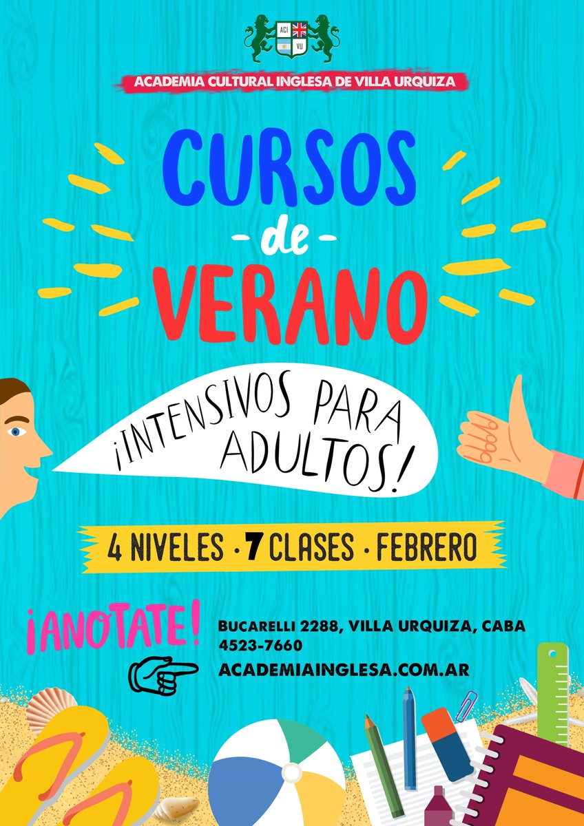 Cursos Intensivos para Adultos de Verano - FEBRERO 2019
7 clases de 2,5 horas por dia  Todos los niveles
No te lo pierdas!
academiainglesa.com.ar