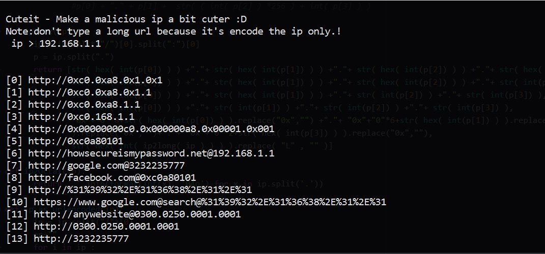 Chahali's tweet photo. Cuteit - Make A Malicious IP A Bit Cuter (IP Obfuscator) https://t.co/7y8llOjiNW #CommandLine #Cuteit #IPaddress #IPObfuscator #LanAttacks https://t.co/VCEIbMsPnu