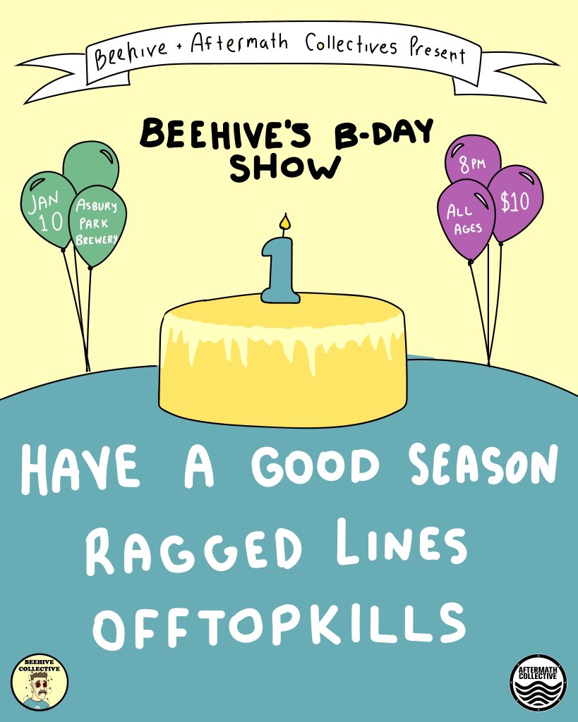 hello hello we are just 5 DAYS AWAY from our birthday banger with <a href="/haveagoodseas0n/">Have a Good Season</a> <a href="/Ragged_Lines/">Ragged Lines</a> &amp; <a href="/offtopkills/">OFFTOPKILLS</a>! come eat some cake with us 🐝🐝