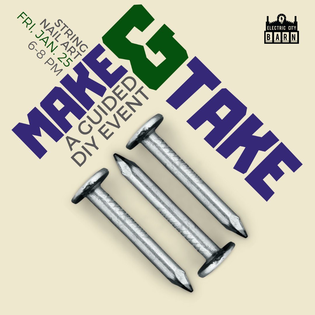 ECBarn's tweet image. Everyone is invited 1/25 6-8pm to the Electric City Barn for a fun Make &amp;amp; Take event part of our Crafter’s Series! Receive guided instruction on how to make your own String Nail Art, which you can then take home with you. Open to everyone! Register here: eventbrite.com/e/make-take-st…