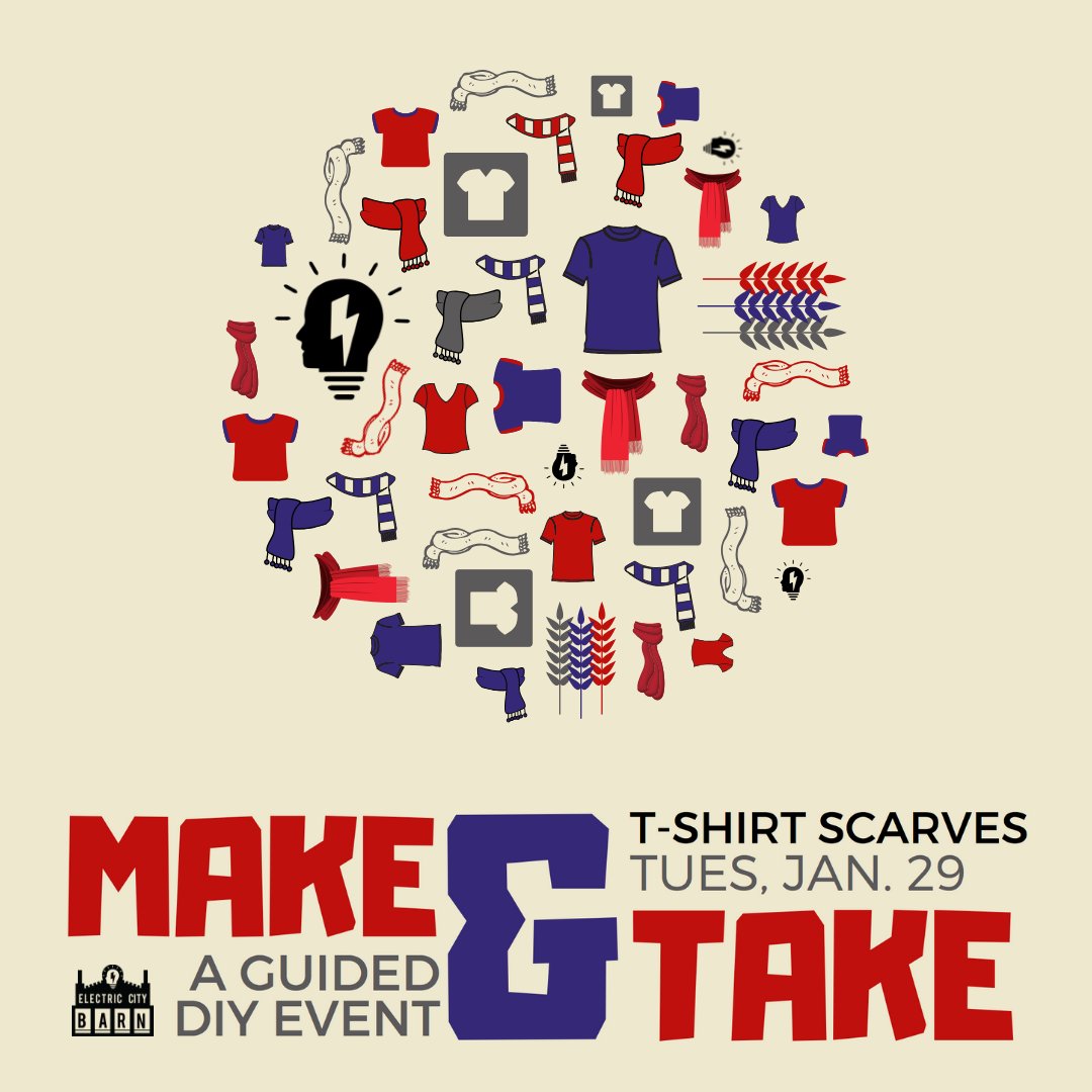 ECBarn's tweet image. Everyone is invited to Electric City Barn 1/29 6-8pm for a fun Make &amp;amp; Take event part of our Crafter's Series! Receive guided instruction on how to make your own t-shirt scarf, which you can then take home with you. Open to everyone! Register here: eventbrite.com/e/make-take-t-…