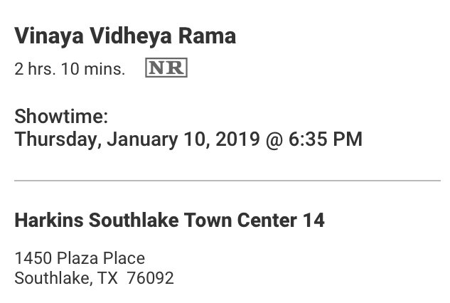 nicanorent's tweet photo. Premiers Bookings now opened for #VinayaVidheyaRama at Harkins Southlake, TX for 6:35 PM and 9:35 PM shows

Premiers on Thursday, 10th Jan https://t.co/6RC0tSihG8