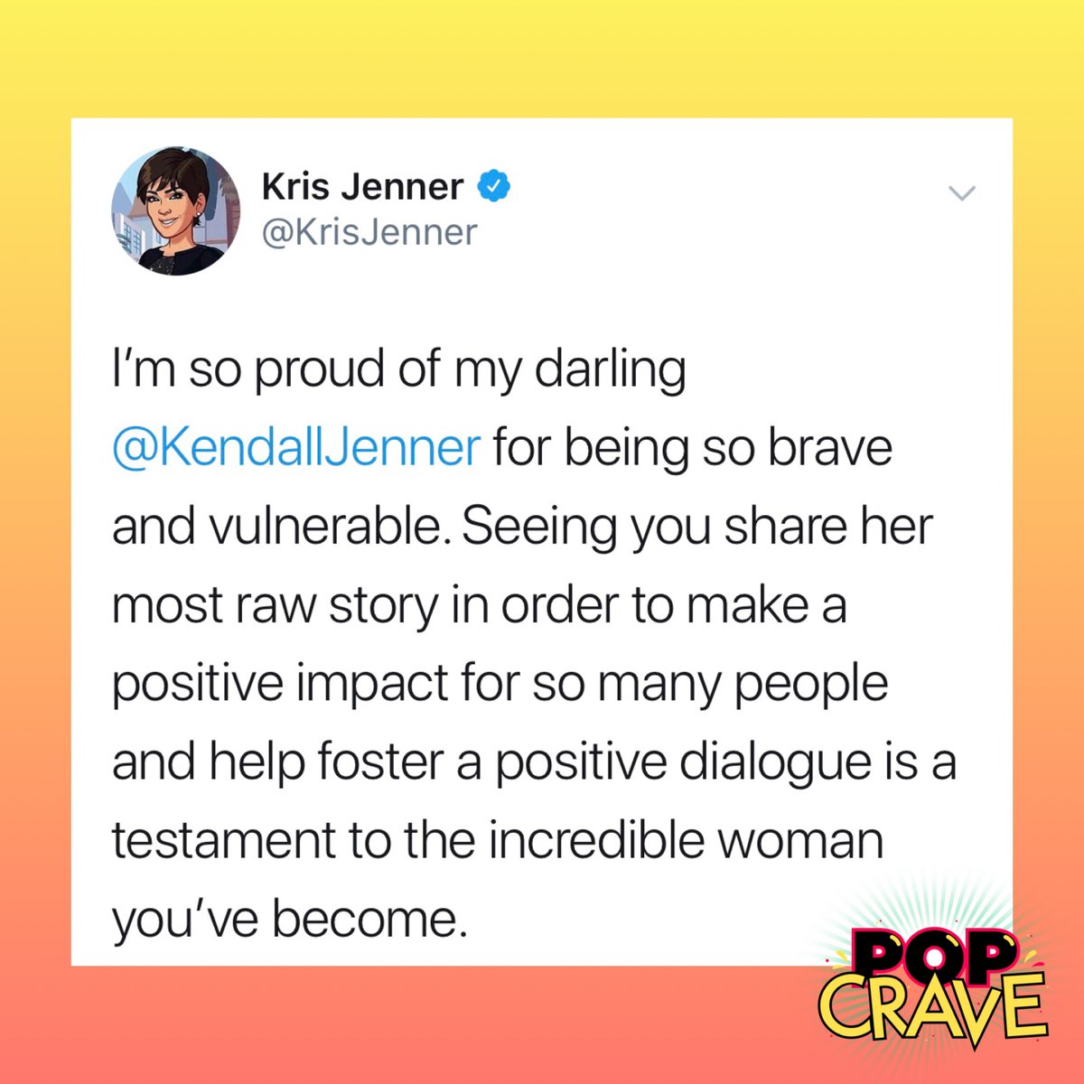 PopCrave's tweet photo. .@KendallJenner is set to reveal a deep and personal story on her Twitter account tomorrow night.
@KrisJenner took to social media to praise her “brave and vulnerable” daughter and post about the mysterious announcement.
What do you think the model will be revealing? https://t.co/IDxQo2JwtR