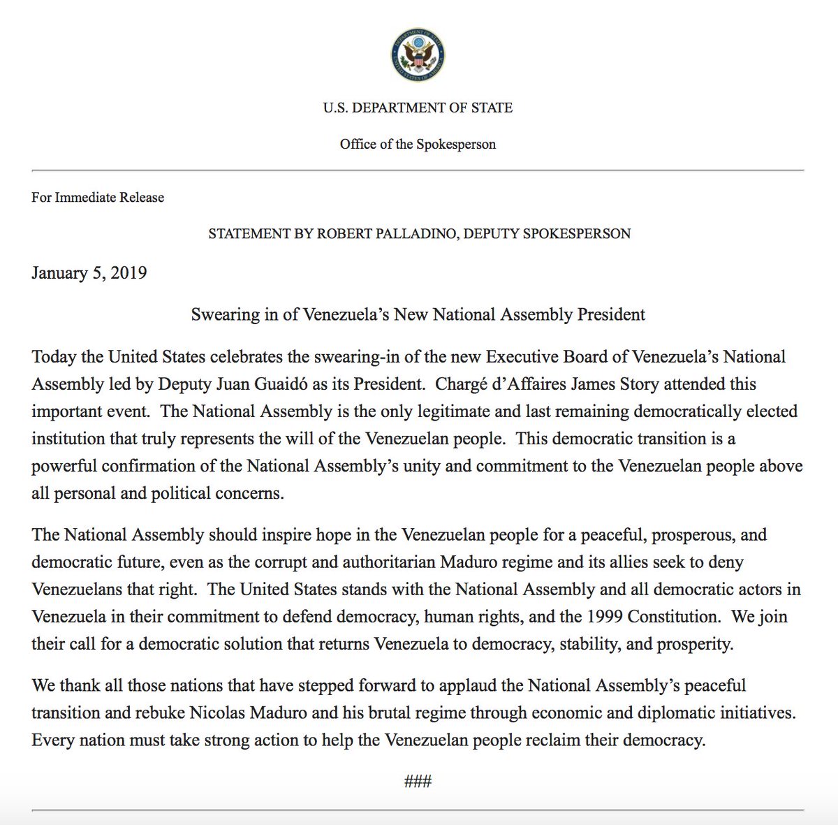 Statement on Swearing in of Venezuela's New National Assembly President