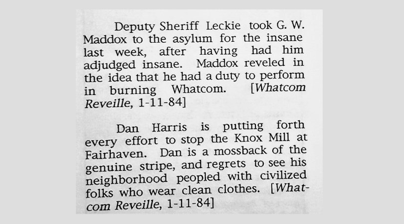 GoodTimeGirlsWA's tweet photo. Here's a little glimpse into #Bellinghistory, or rather, Whatcom History, #Onthisday January 11, 1884, when Dirty Dan was still kicking! #flashbackfriday #waybackwashington #whatcomhistory #DirtyDan #localhistory #fairhavenwa https://t.co/GIL02YqSnx