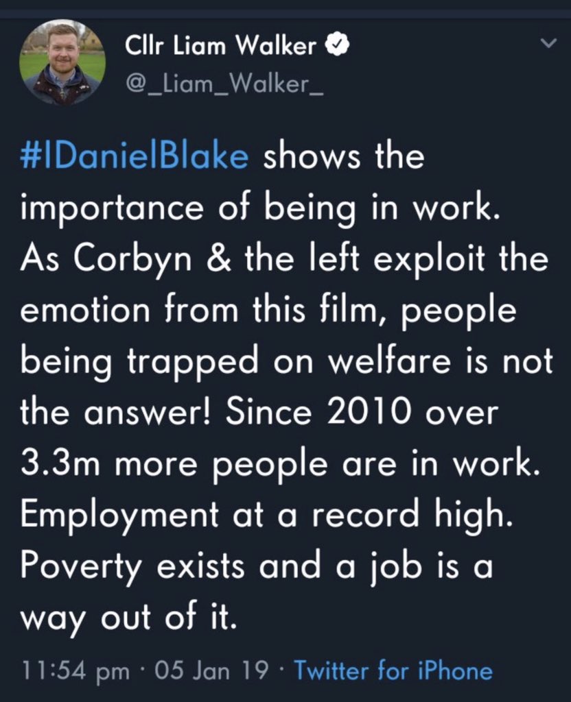 BathLabour's tweet photo. A shocking tweet from Conservative Cllr Liam Walker @_Liam_Walker_.

Distastefully ignoring the fact that 4 million people who ARE in work are in POVERTY, and crassly commenting on a film that he’d clearly not watched.  

#IDanielBlake
#WeAreDanielBlake 
https://t.co/udCUSqTWTm https://t.co/kJBxsy4N8h