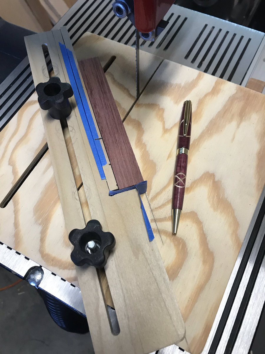 LOCOWoodshop's tweet photo. Came up with a simple jig for making angled cuts in a pen plank for a Celtic knot pen. I made a video about it - check it out if interested: https://t.co/7EifpVlsF4 #Woodworking #penturning #shopsmith https://t.co/KJdSeTCfB0
