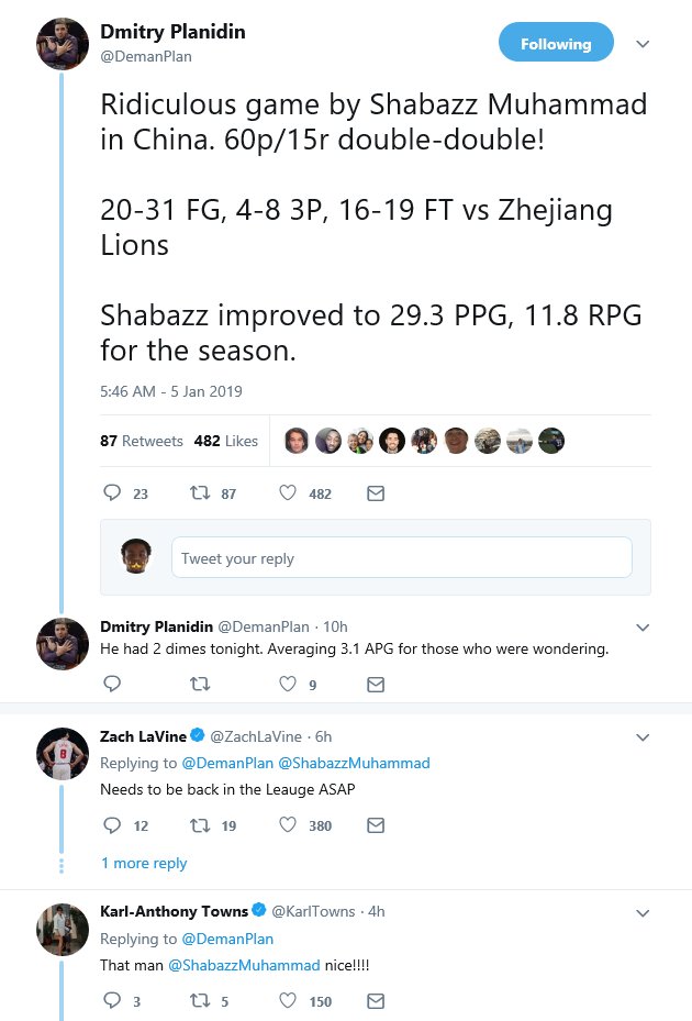 Kevin4213235's tweet photo. Both Zach LaVine & Karl-Anthony Towns lobbying to get their former teammate, Shabazz Muhammad, back in the NBA.
#twolves #WizardofBazz #BazzyBuckets #BazzLightYear https://t.co/FH4R9y8mF2